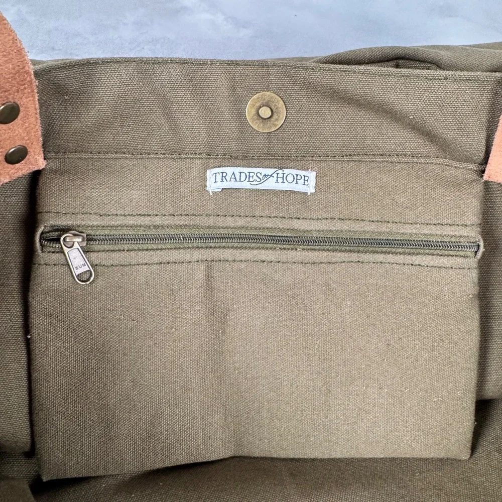 Trades of Hope Secret‎ Garden Olive Floral Embroidered Tote Bag Canvas Leather